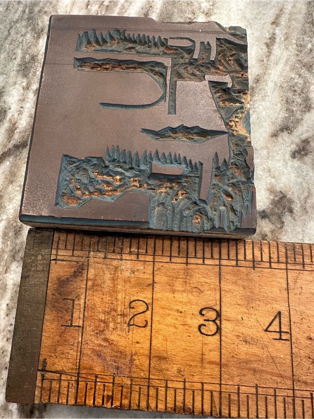 Hand-Carved Block Print Stamp in Brown and Dark Green